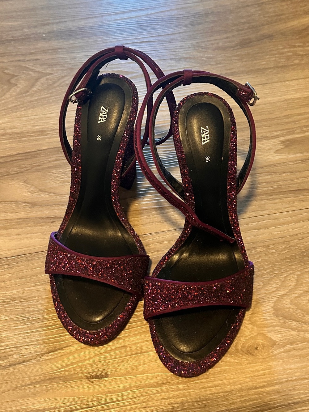 Zara Purple Glitter Strappy Heels 4 and1/2 inches heels